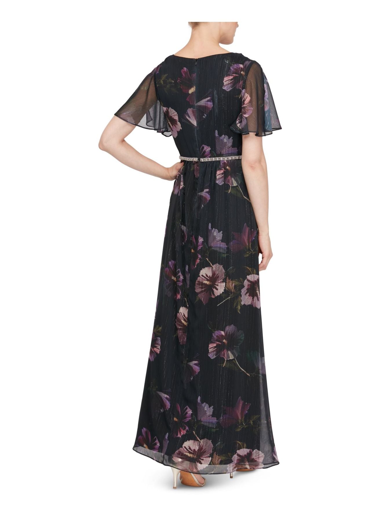 Vestido feminino LSNY Fashions com decote canoa, manga curta, cintura com contas, floral, azul marinho, tamanho 14P