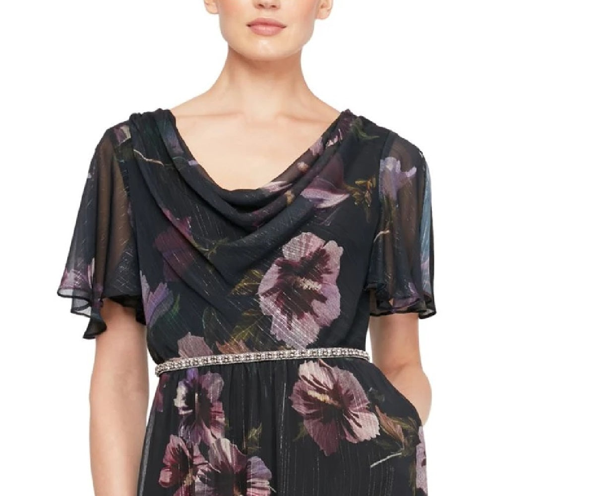 Vestido feminino LSNY Fashions com decote canoa, manga curta, cintura com contas, floral, azul marinho, tamanho 14P