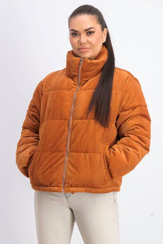 Collection B Juniors' Cropped Corduroy Puffer Coat Ocre Size Small