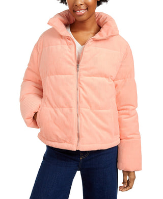 Collection B Juniors' Cropped Corduroy Puffer Coat Pink Size Medium