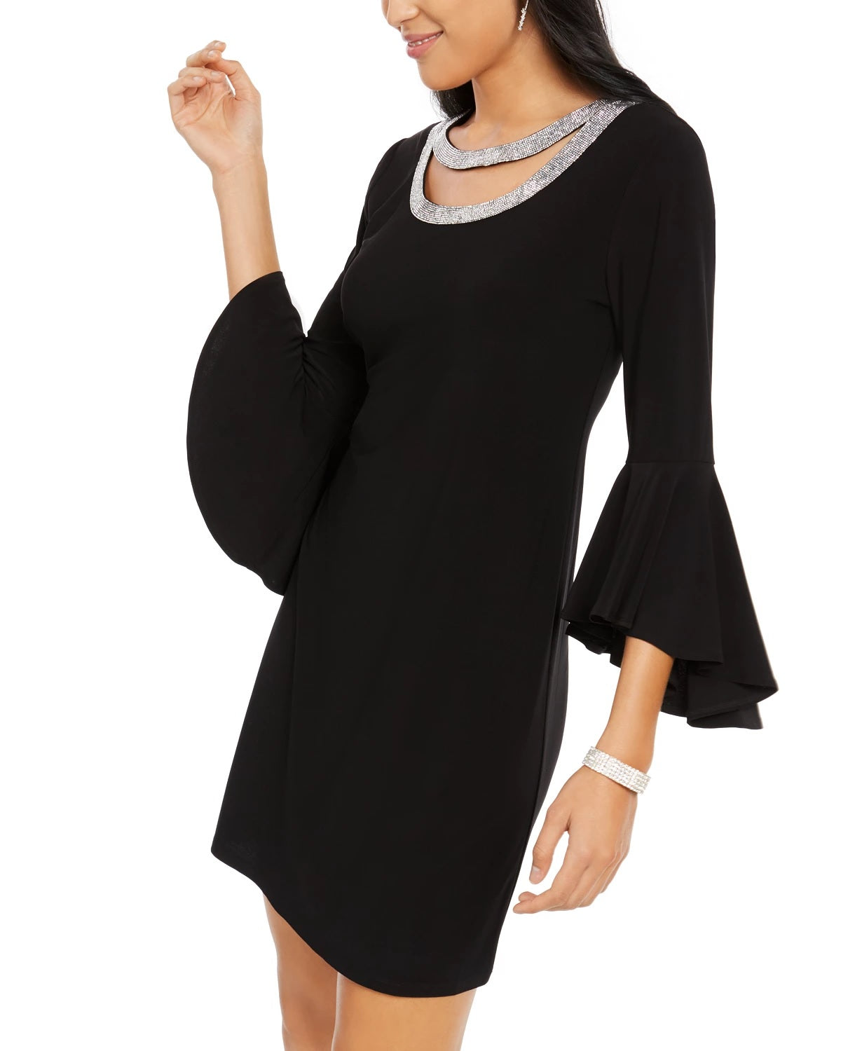 Vestido feminino MSK com manga sino e acabamento em strass, preto, tamanho pequeno