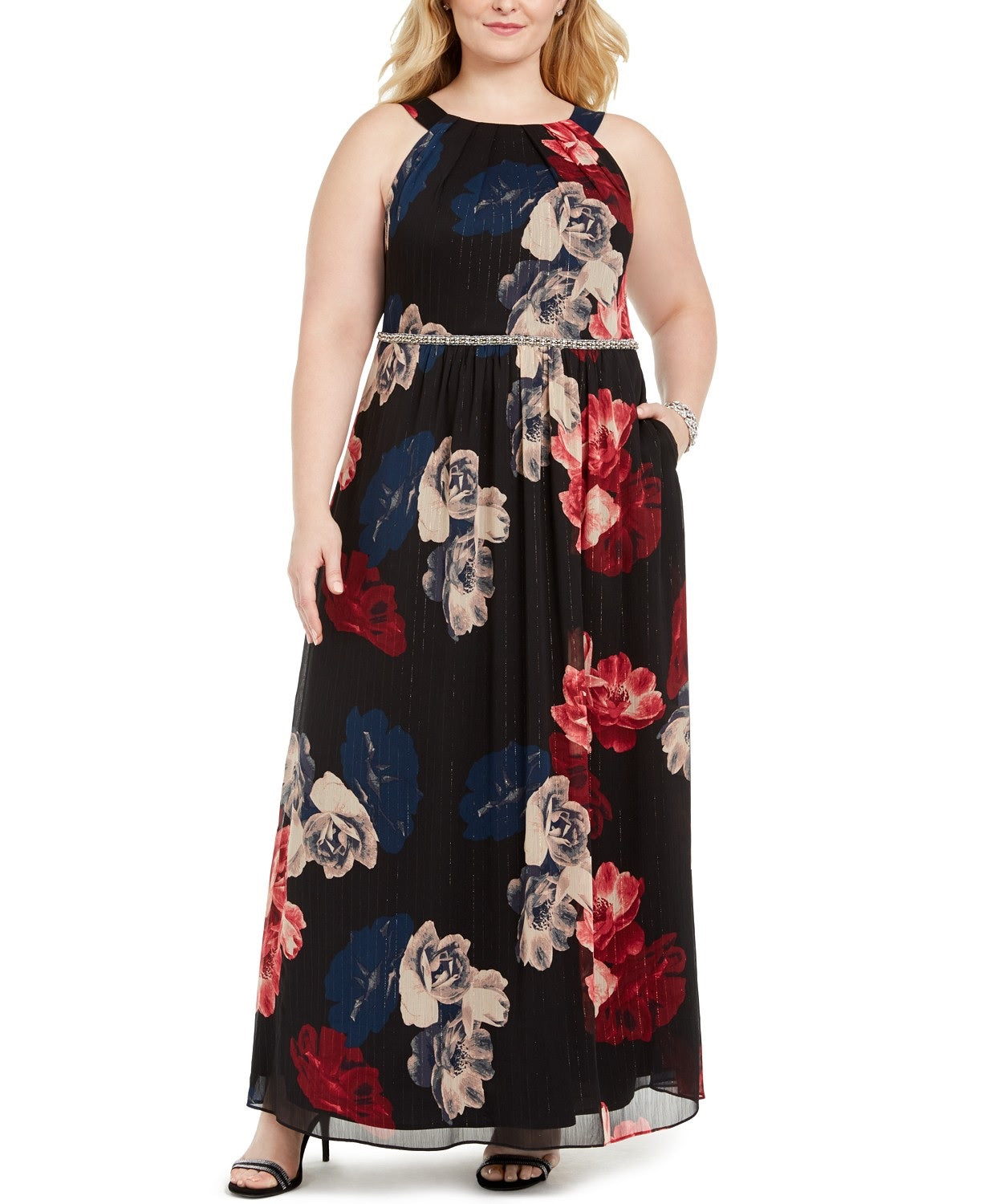 Vestido longo feminino plus size estampado com cintura de contas, preto, tamanho 18, da Sl Fashions