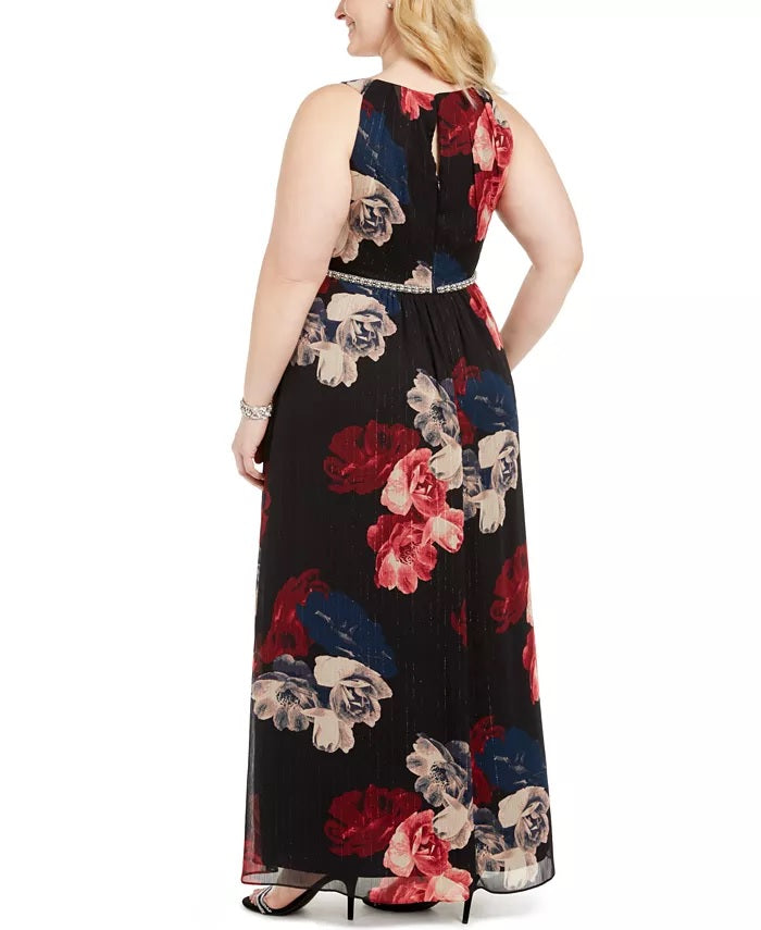 Vestido longo feminino plus size estampado com cintura de contas, preto, tamanho 18, da Sl Fashions