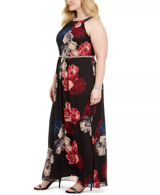 Vestido longo feminino plus size estampado com cintura de contas, preto, tamanho 18, da Sl Fashions