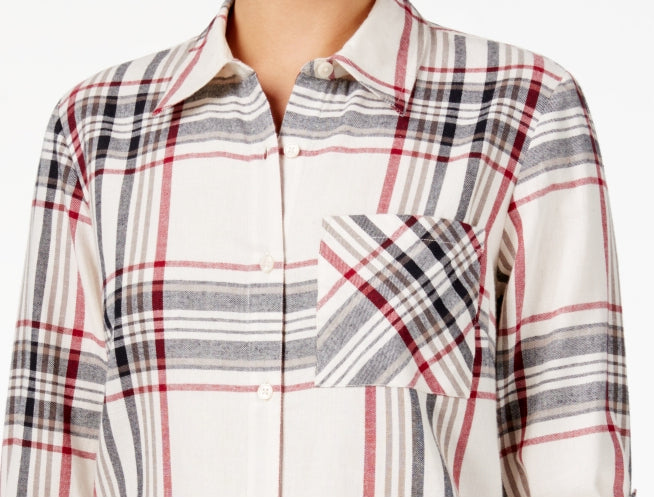 Blusa feminina xadrez com bolso único e botões estilo &amp; co, branca, tamanho -0X