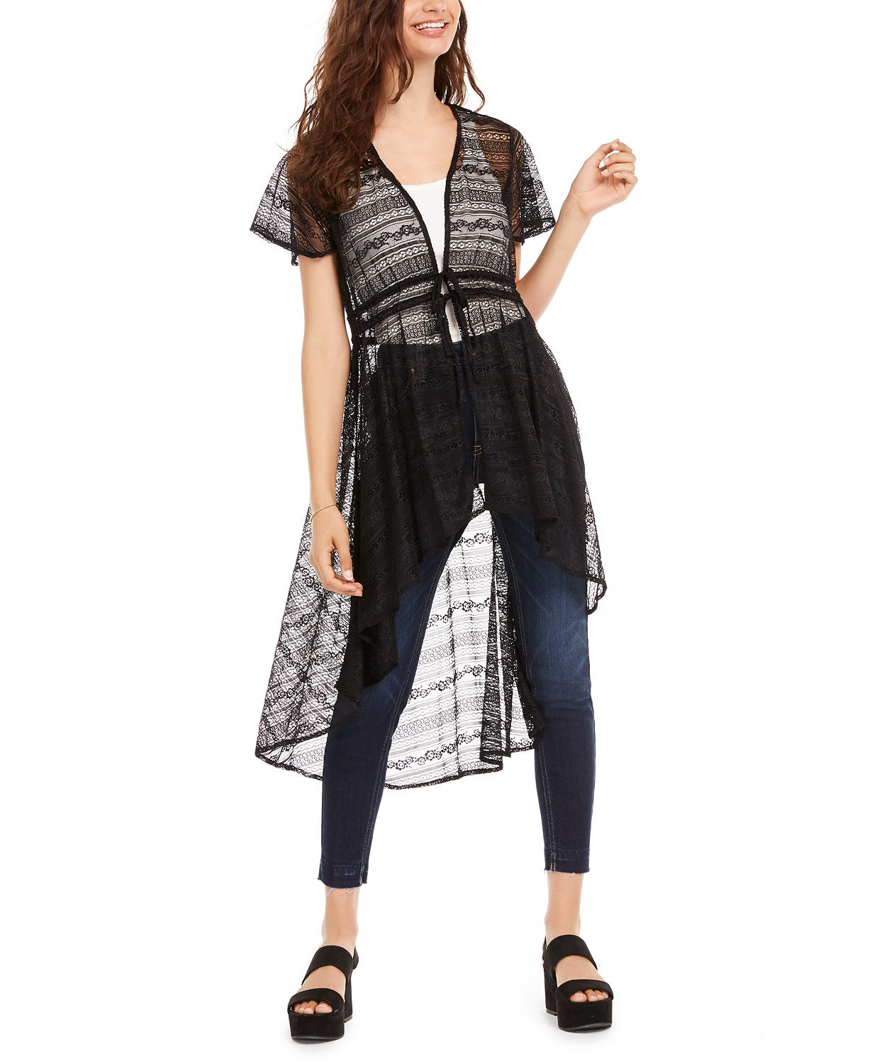 American Rag Juniors' Classic Lace High-Low Duster Top Preto Tamanho Médio