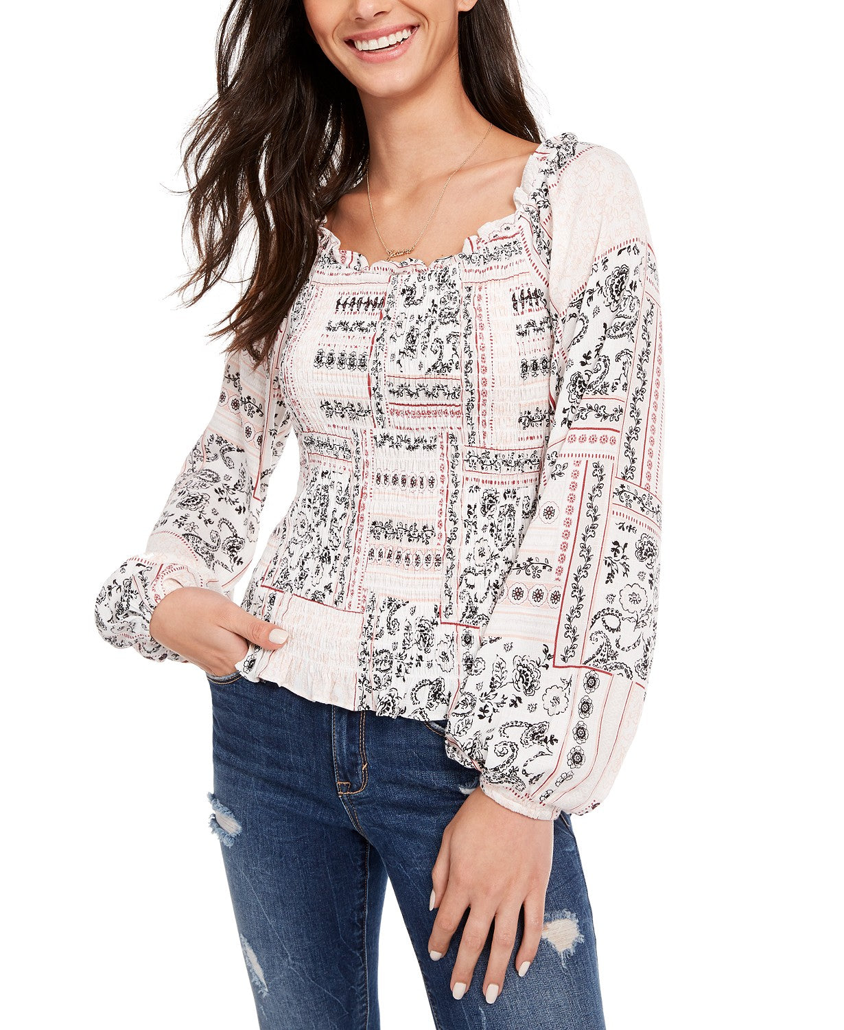 Blusa estampada com mangas curtas e babados American Rag Juniors, tamanho médio, branca