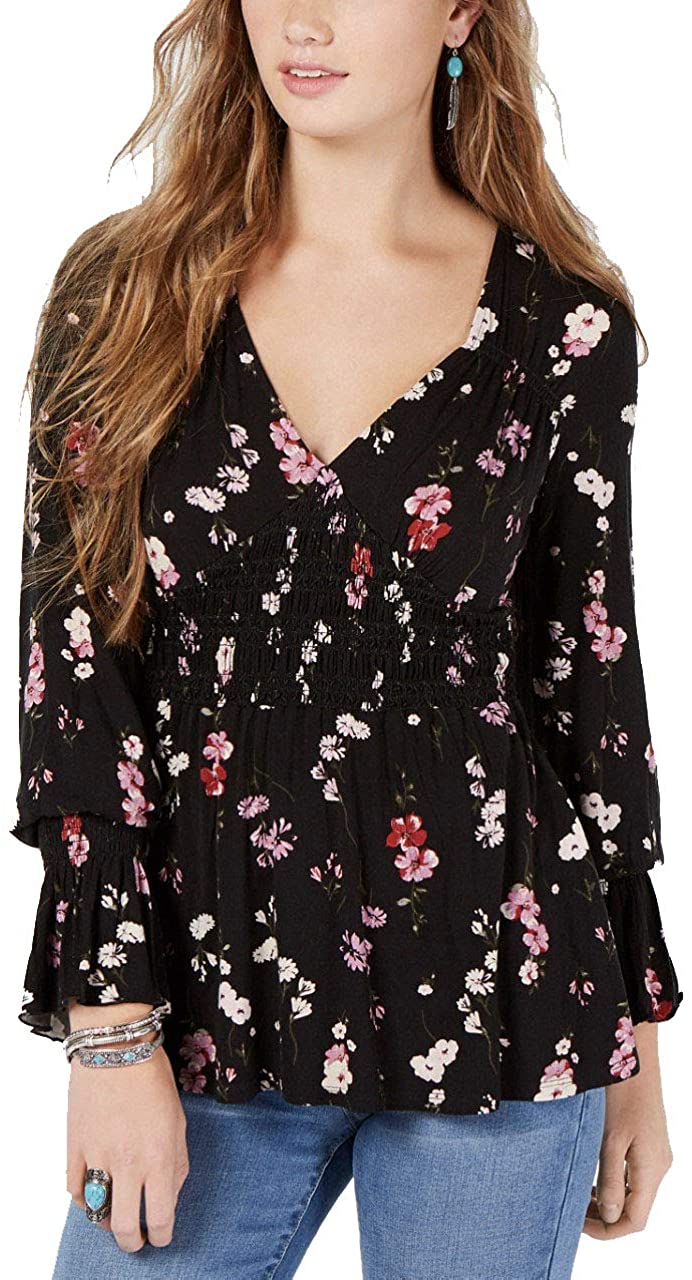 American Rag Juniors'' Blusa estampada com babados, preta, tamanho pequeno