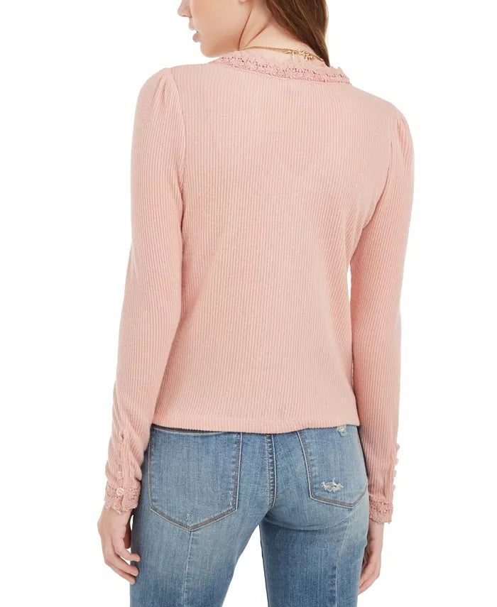 American Rag Women's Juniors' Top com botões frontais e acabamento em renda, rosa brilhante, tamanho médio