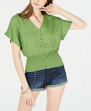 Planet Gold Juniors' Blusa com botões e franzido verde escuro tamanho extra grande