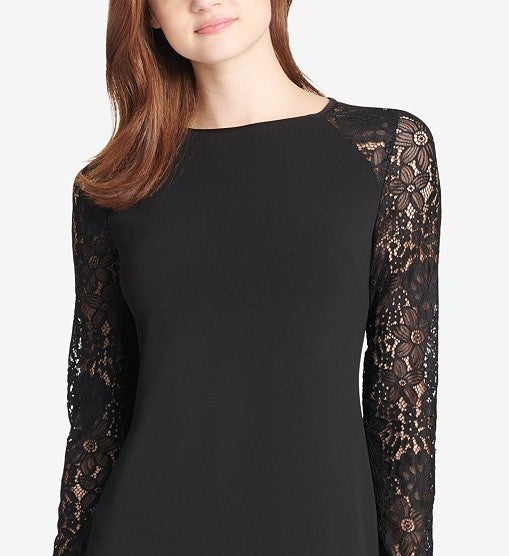 Vestido feminino Tommy Hilfiger com manga de renda e corte A, preto, tamanho 10