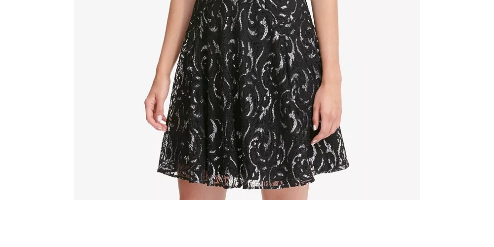 Vestido feminino Tommy Hilfiger com ajuste evasê e renda, tamanho 16, prateado