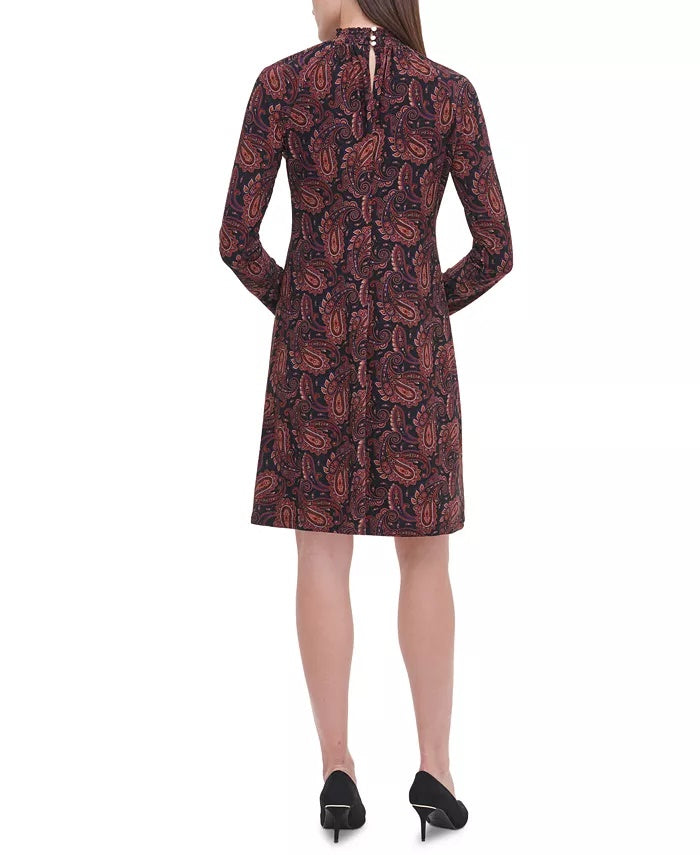 Vestido feminino Tommy Hilfiger Paisley com gola alta, azul, tamanho 14