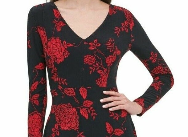 Vestido feminino Tommy Hilfiger com estampa floral, justo e evasê, preto, tamanho 18
