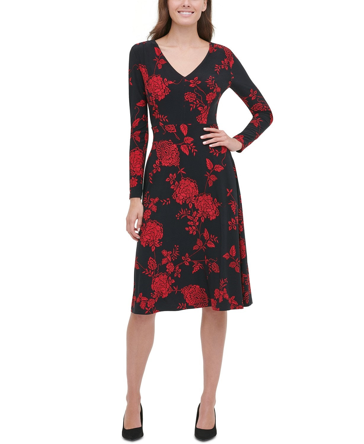 Vestido feminino Tommy Hilfiger com estampa floral, justo e evasê, preto, tamanho 2