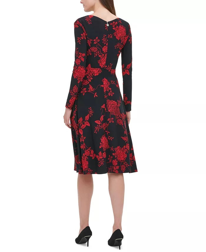 Vestido feminino Tommy Hilfiger com estampa floral, justo e evasê, preto, tamanho 2