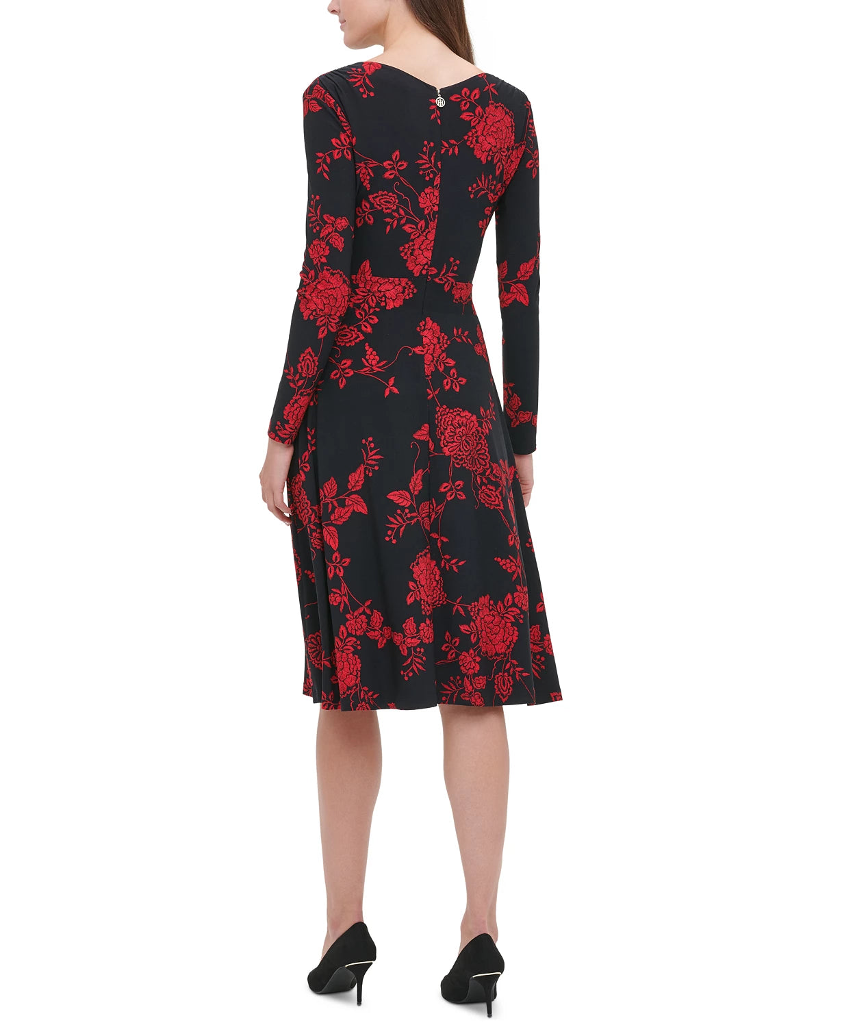 Vestido feminino Tommy Hilfiger com estampa floral, justo e evasê, preto, tamanho 14