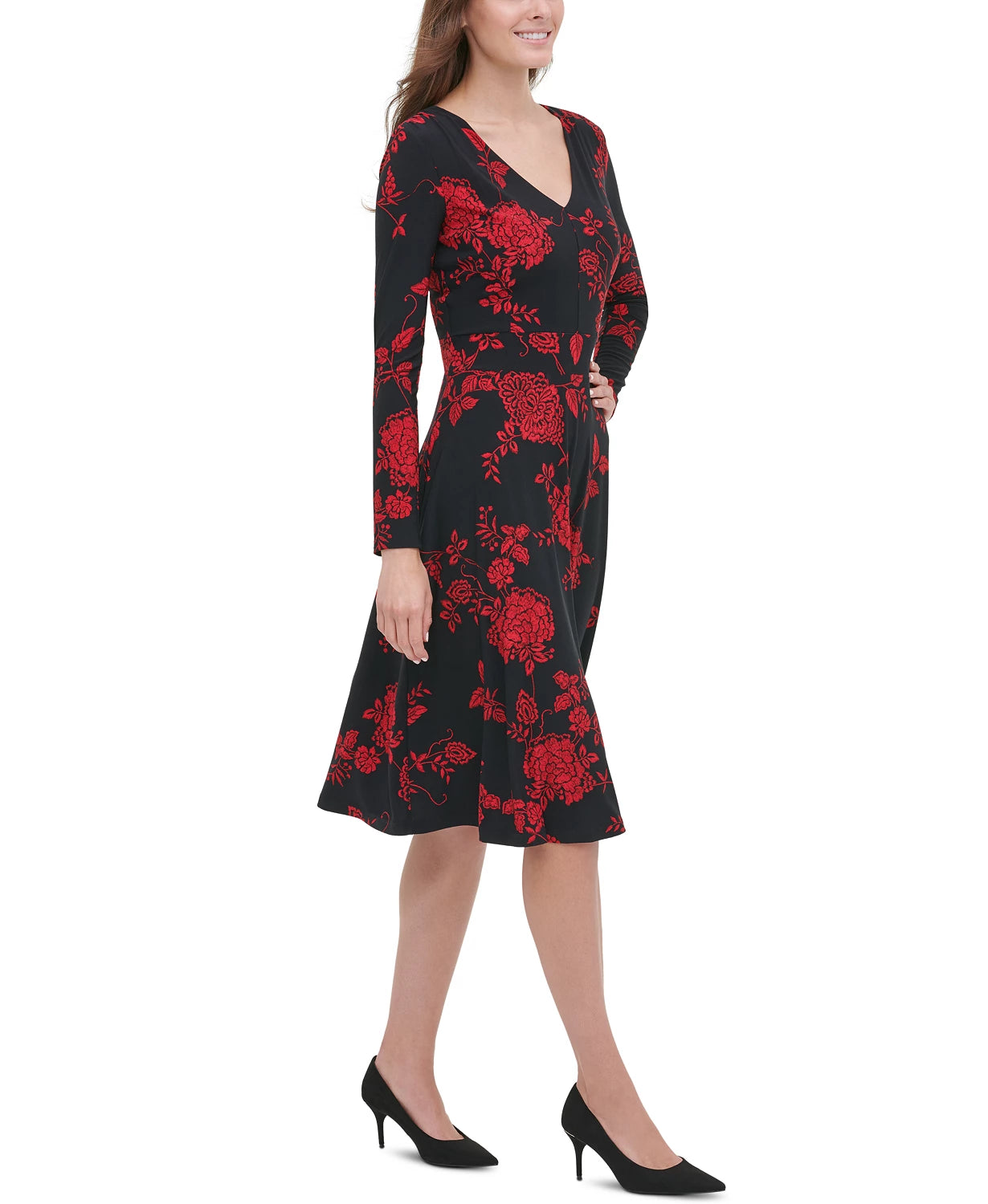 Vestido feminino Tommy Hilfiger com estampa floral, justo e evasê, preto, tamanho 14