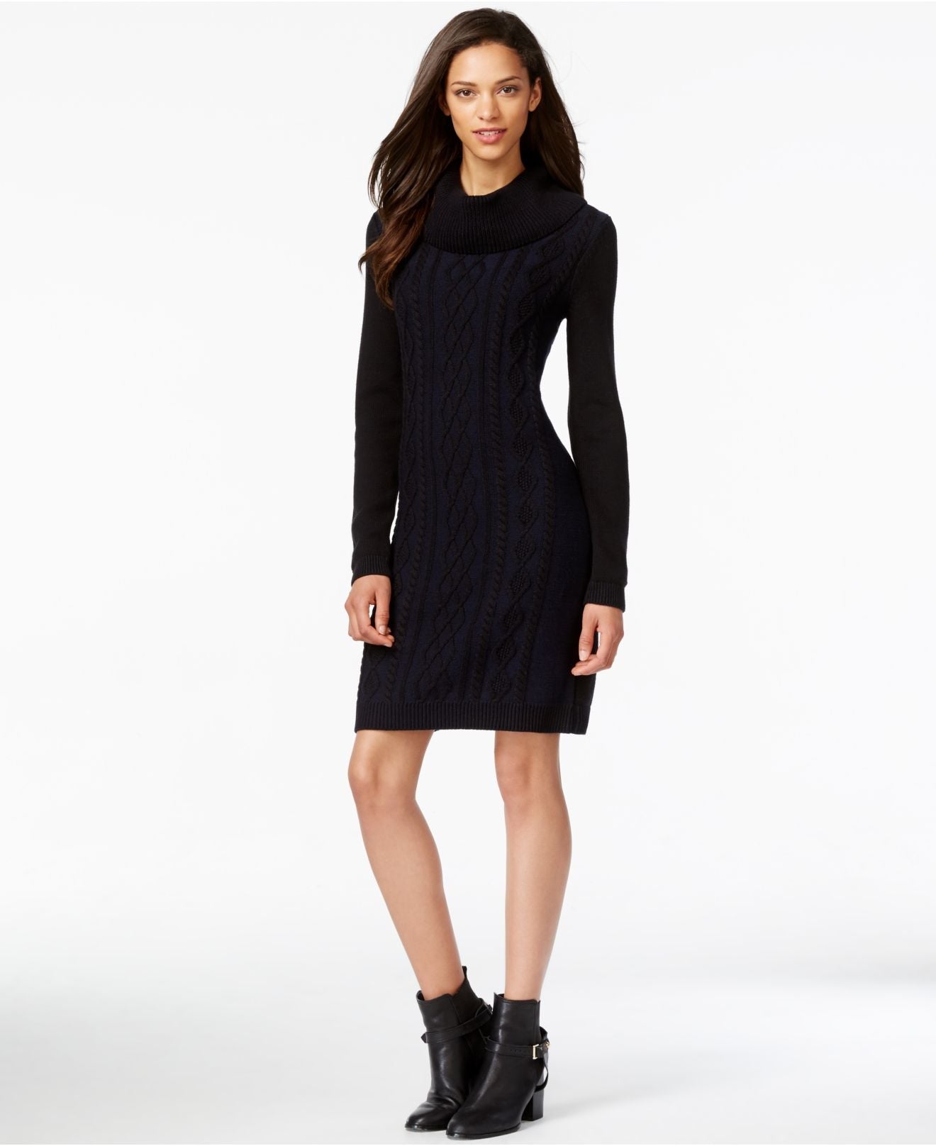 Vestido suéter feminino Tommy Hilfiger com decote redondo e cor lisa, preto, tamanho médio