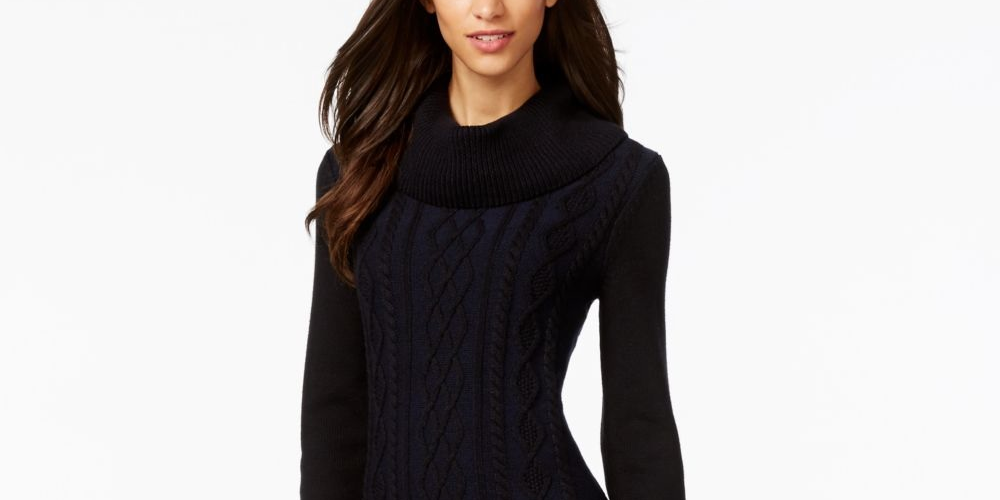 Vestido suéter feminino Tommy Hilfiger com decote redondo e cor lisa, preto, tamanho médio