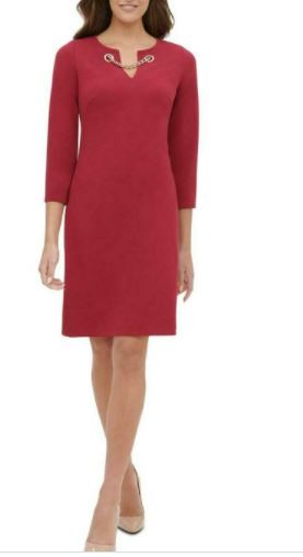 Vestido feminino Tommy Hilfiger com decote em V e alças finas, vermelho escuro, tamanho 16
