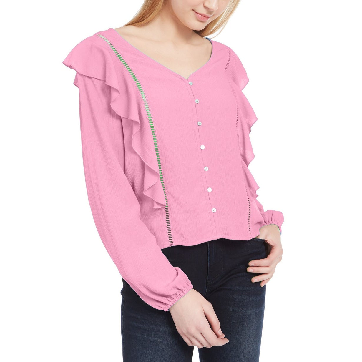 Top com babados em jacquard Planet Gold Juniors, rosa, tamanho pequeno
