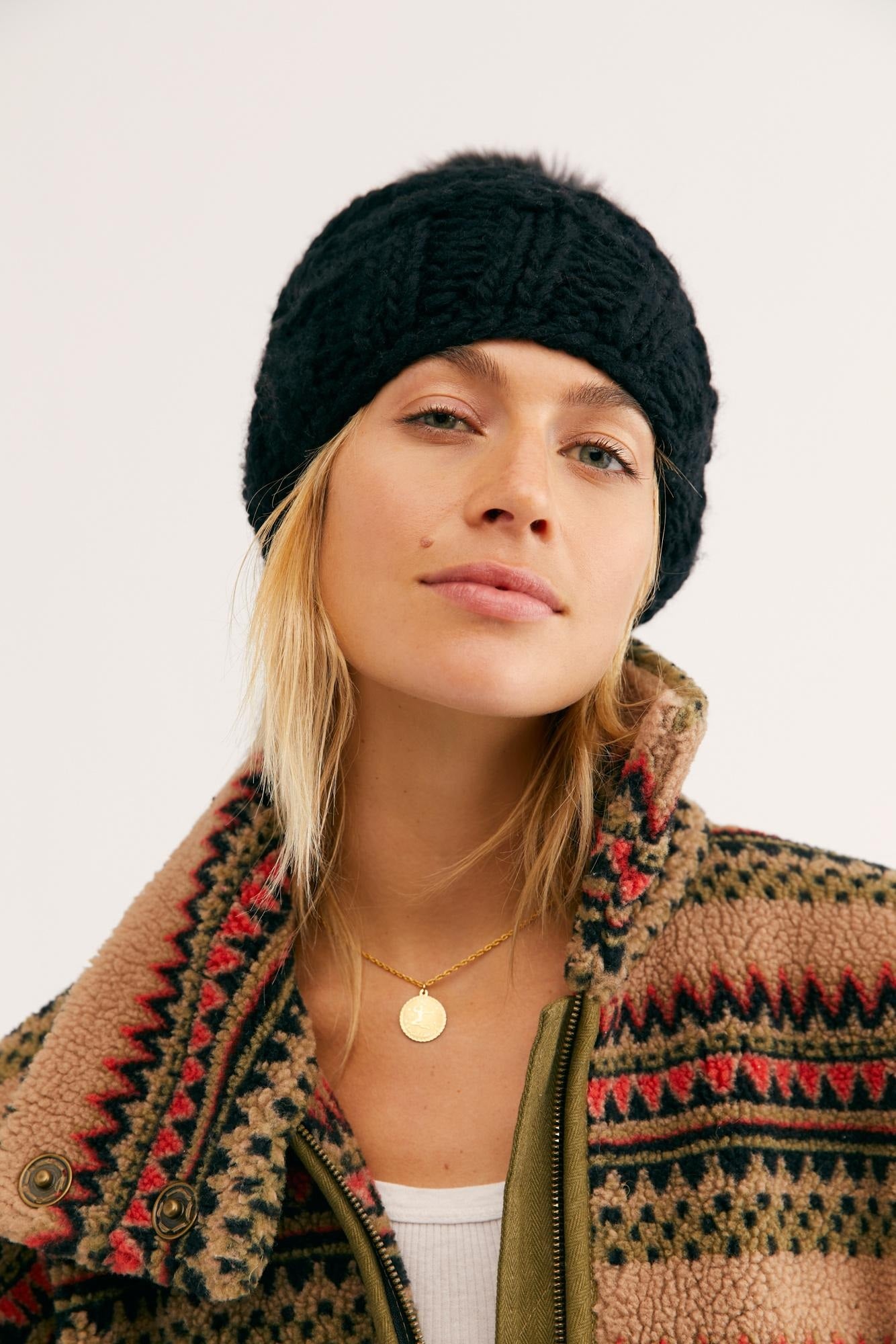 Gorro feminino Free People High Line Pom, preto, tamanho único