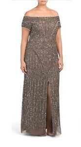 Vestido de festa feminino Adrianna Papell com decote ombro a ombro e contas, marrom, tamanho 10