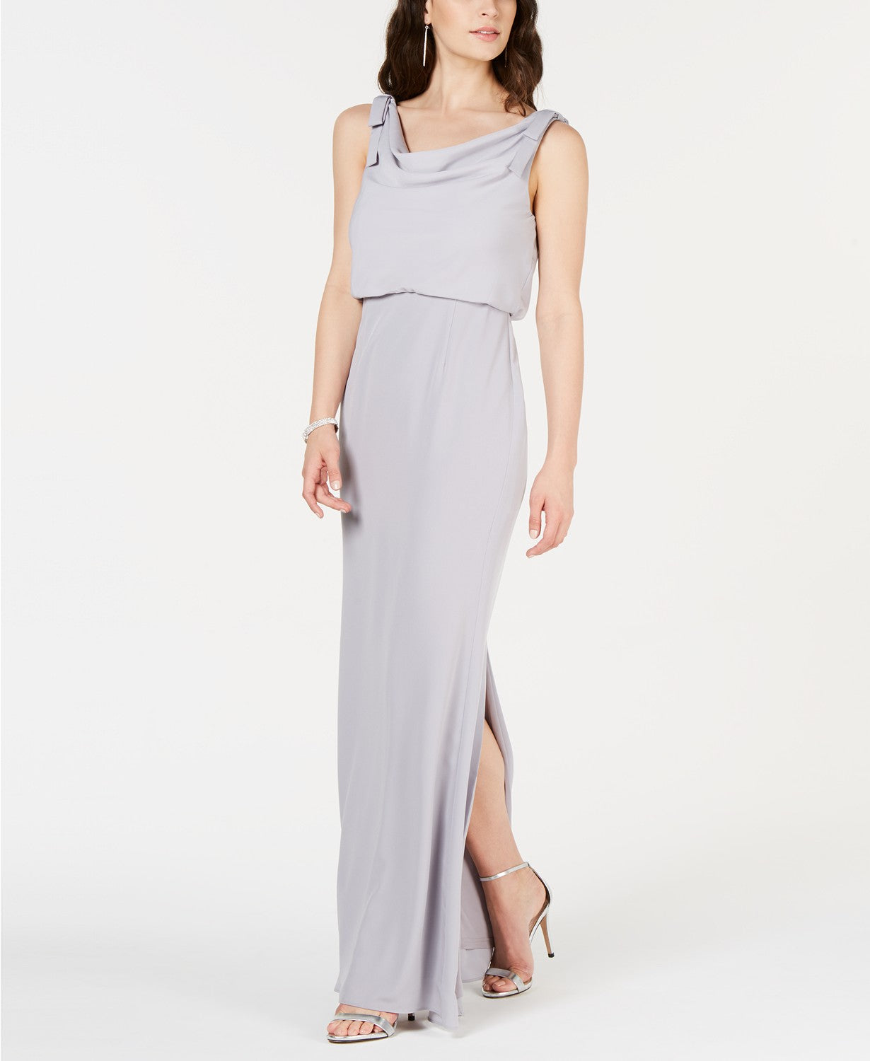 Vestido longo feminino Adrianna Papell, com decote careca, prateado, tamanho 6