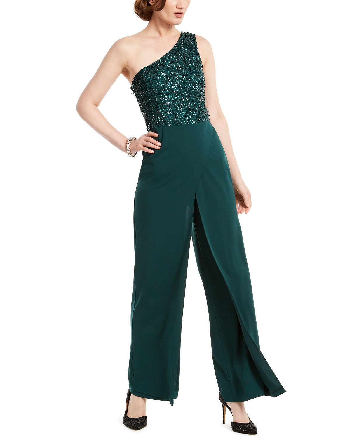 Macacão feminino Adrianna Papell de crepe com contas, verde, tamanho 4, pequeno