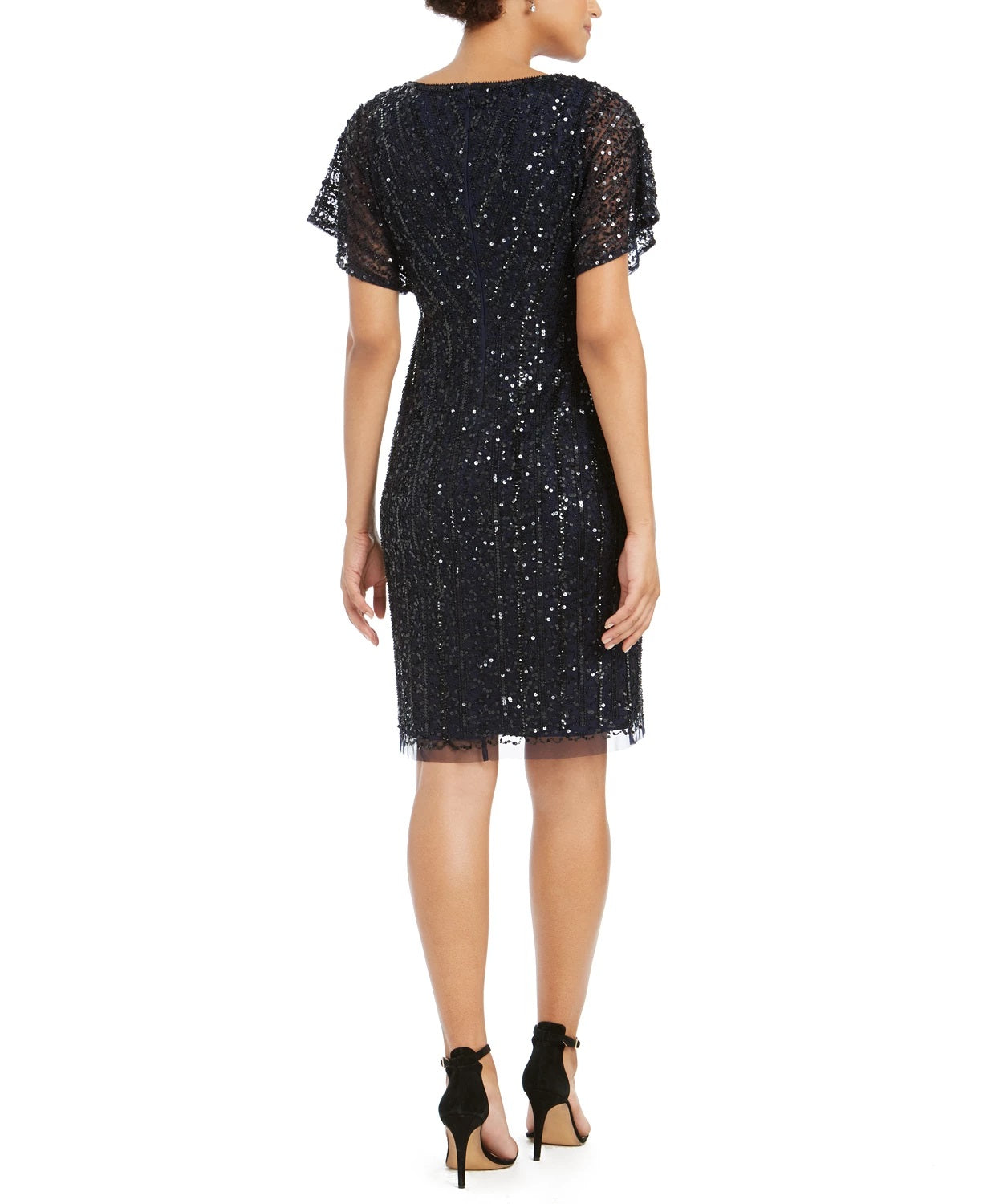 Vestido tubinho com mangas esvoaçantes e detalhes embelezados, tamanho 8, azul-marinho, Adrianna Papell