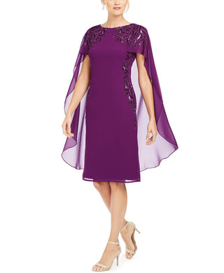 Adrianna Papell Women's Beaded Cape Sheath Dress Wildberry Size 10
