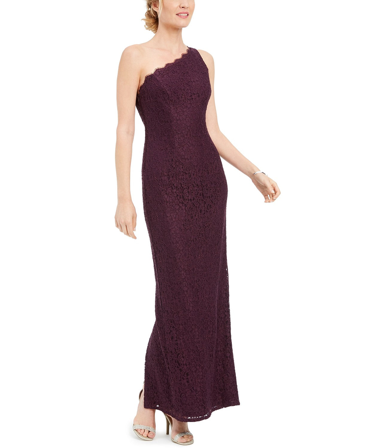 Vestido de renda de um ombro só feminino Adrianna Papell, roxo escuro, tamanho 2