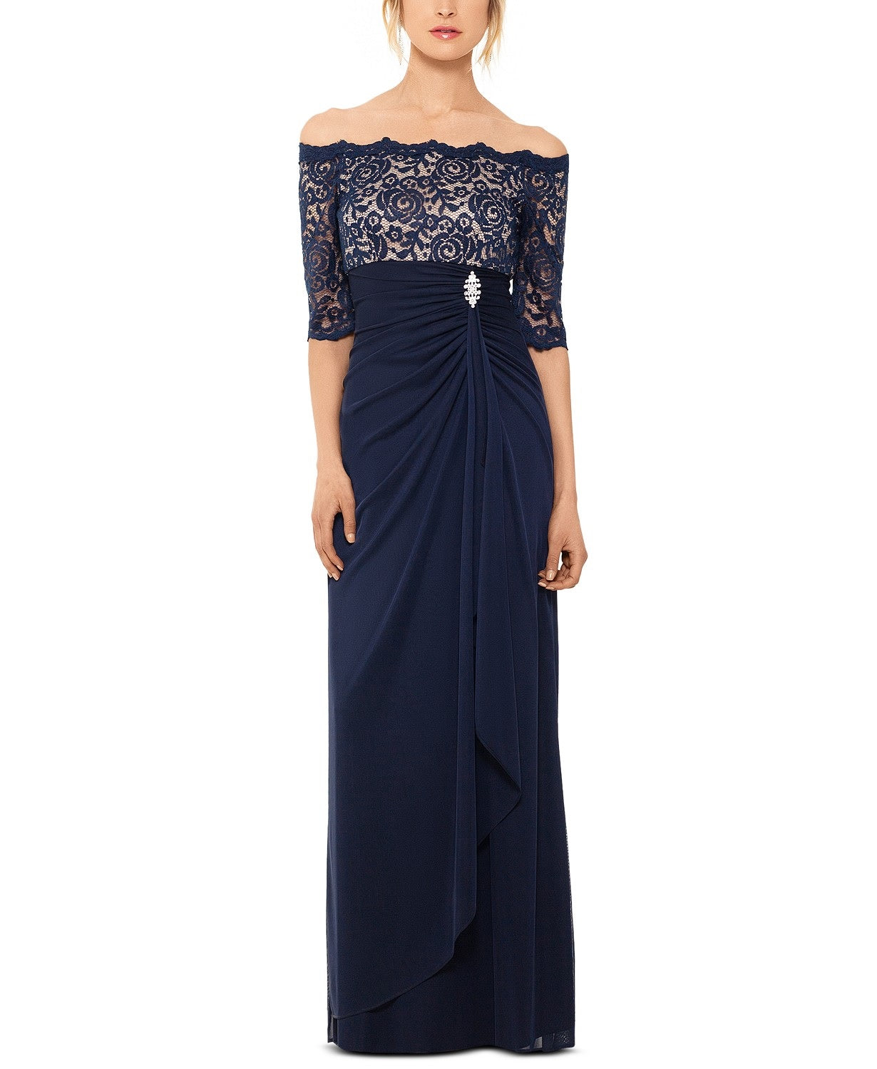 Vestido de renda com ombros à mostra Betsy &amp; Adam feminino, azul escuro, tamanho 4