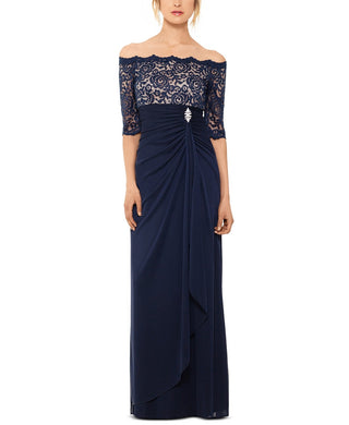 Vestido de renda com ombros à mostra Betsy &amp; Adam feminino, azul escuro, tamanho 4