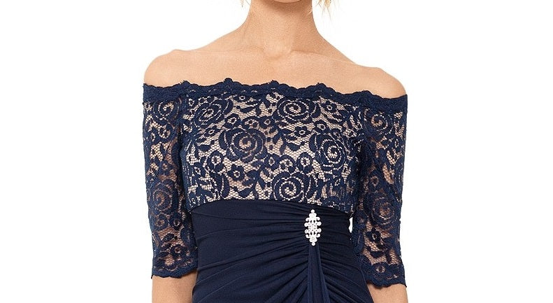 Vestido de renda com ombros à mostra Betsy &amp; Adam feminino, azul escuro, tamanho 4