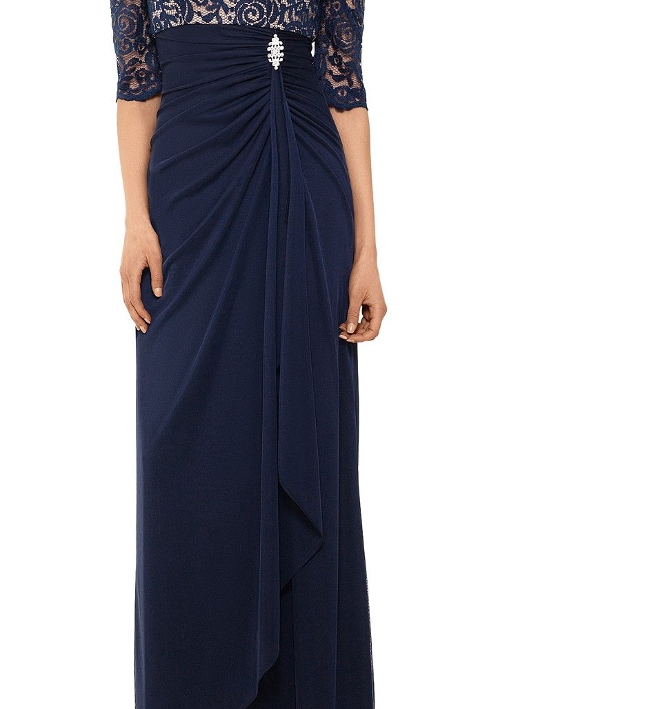 Vestido de renda com ombros à mostra Betsy &amp; Adam feminino, azul escuro, tamanho 4