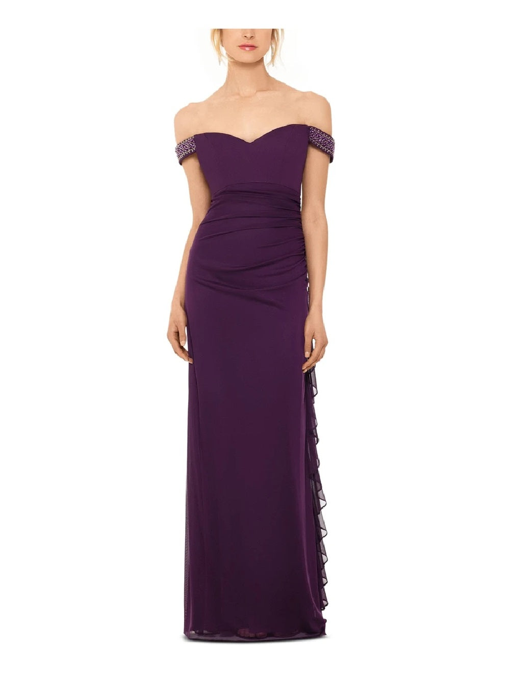 Vestido de noite longo sem mangas Betsy &amp; Adam feminino, ombro de fora, roxo, tamanho 10