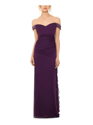Vestido de noite longo sem mangas Betsy &amp; Adam feminino, ombro de fora, roxo, tamanho 12