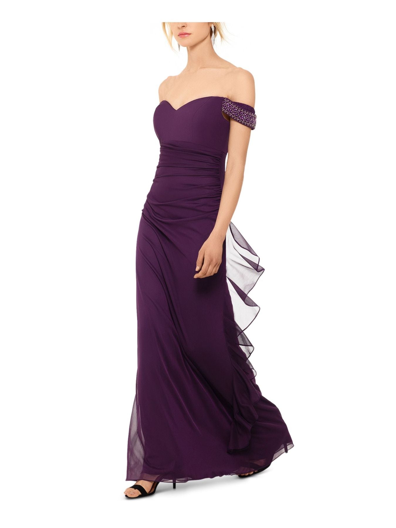 Vestido de noite longo sem mangas Betsy &amp; Adam feminino, ombro de fora, roxo, tamanho 16