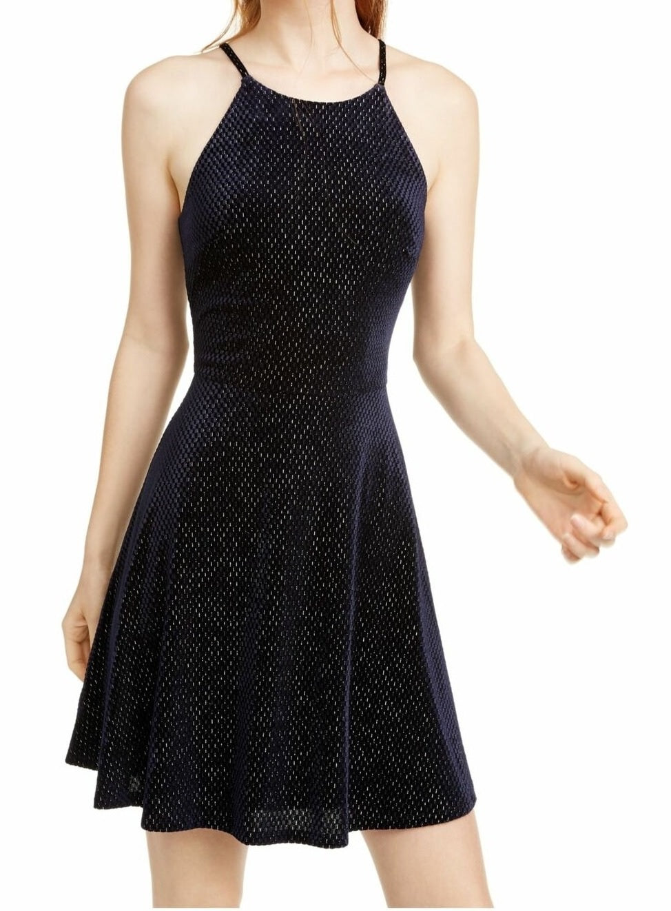 Vestido patinador com decote halter brilhante Rosie Harlow Juniors, azul, tamanho pequeno