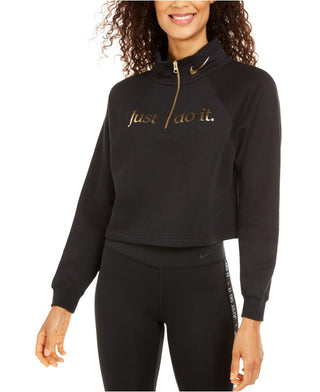 Camiseta Nike Sportswear Shine Metallic-Graphic com meio zíper, preta, tamanho extra pequeno