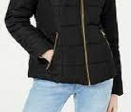 Casaco Puffer Celebrity Pink Juniors com capuz e acabamento em pele sintética, preto, tamanho grande
