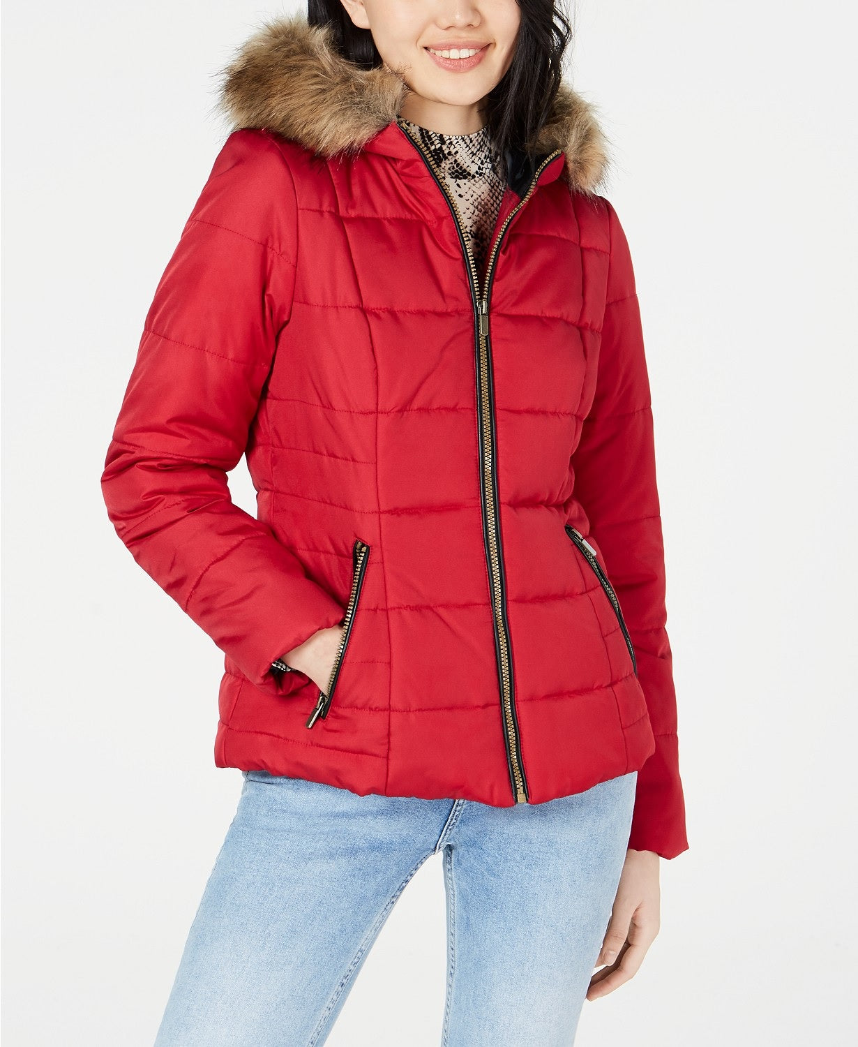 Casaco Puffer Juniors Rosa Celebrity com Capuz com Acabamento em Pele Sintética Vermelho Verdadeiro Tamanho Grande