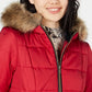 Casaco Puffer Juniors Rosa Celebrity com Capuz e Acabamento em Pele Sintética Vermelho Tamanho P