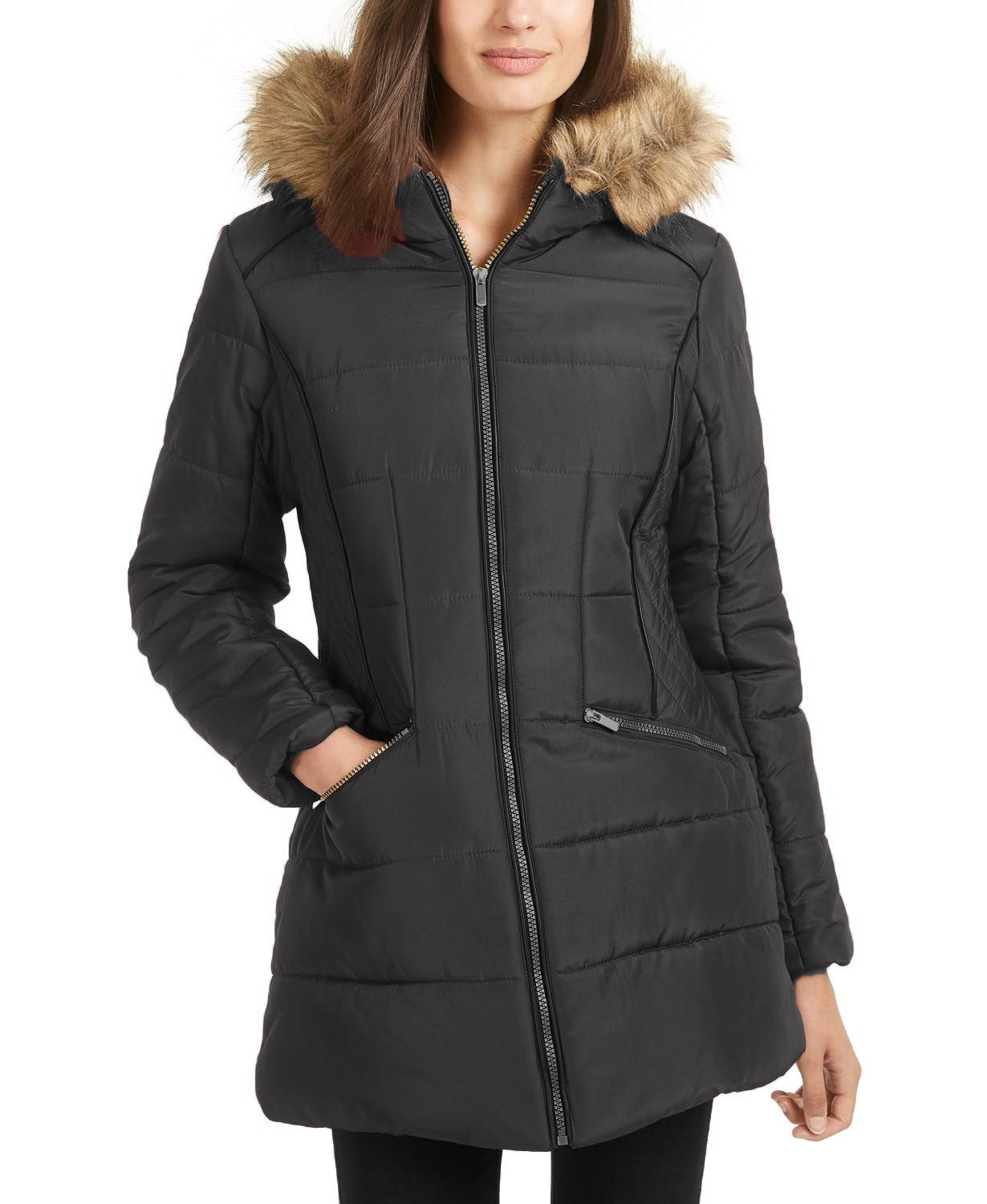 Casaco acolchoado com capuz e acabamento em pele sintética rosa Celebrity Juniors, preto, tamanho 3, extra grande