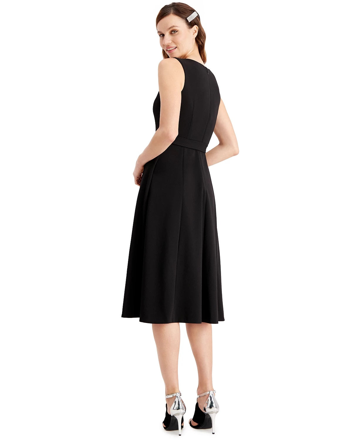Vestido Calvin Klein Feminino com Cinto e Ombros Enfeitados, Preto, Tamanho 8