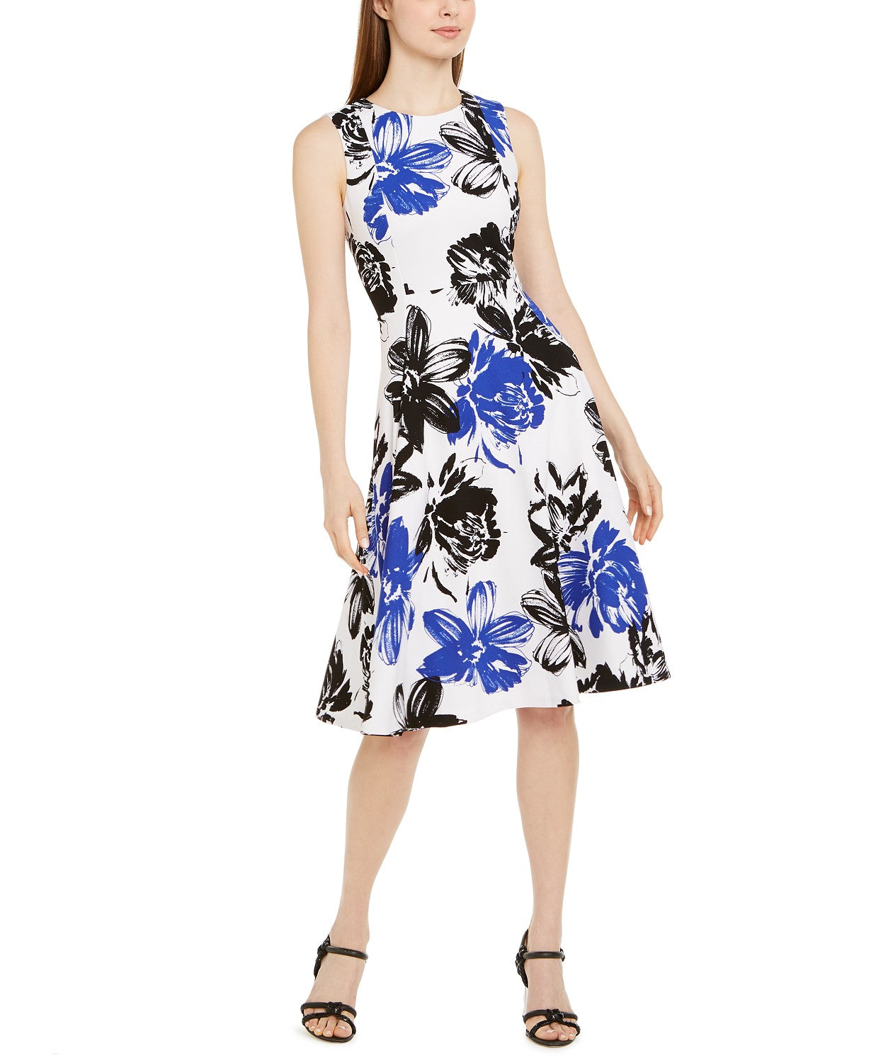 Vestido midi grande com estampa floral Calvin Klein feminino, azul, tamanho 10