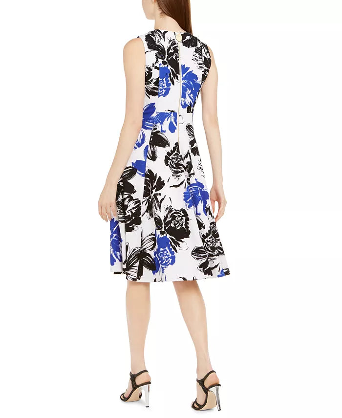 Vestido midi grande com estampa floral Calvin Klein feminino, azul, tamanho 10