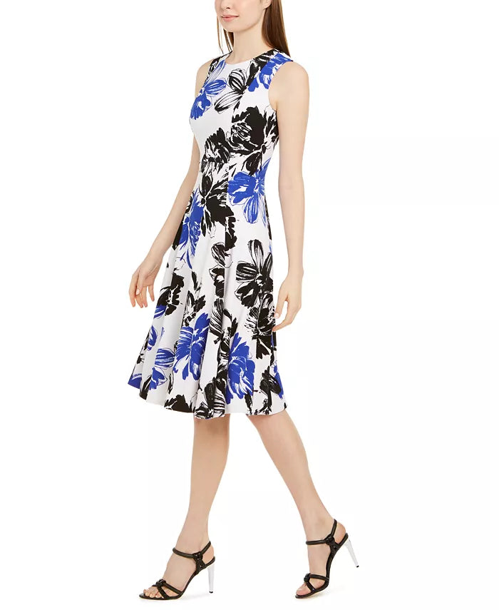Vestido midi grande com estampa floral Calvin Klein feminino, azul, tamanho 10